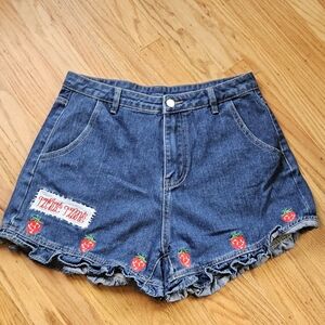 Shein Strawberry Embroidered Jean Shorts